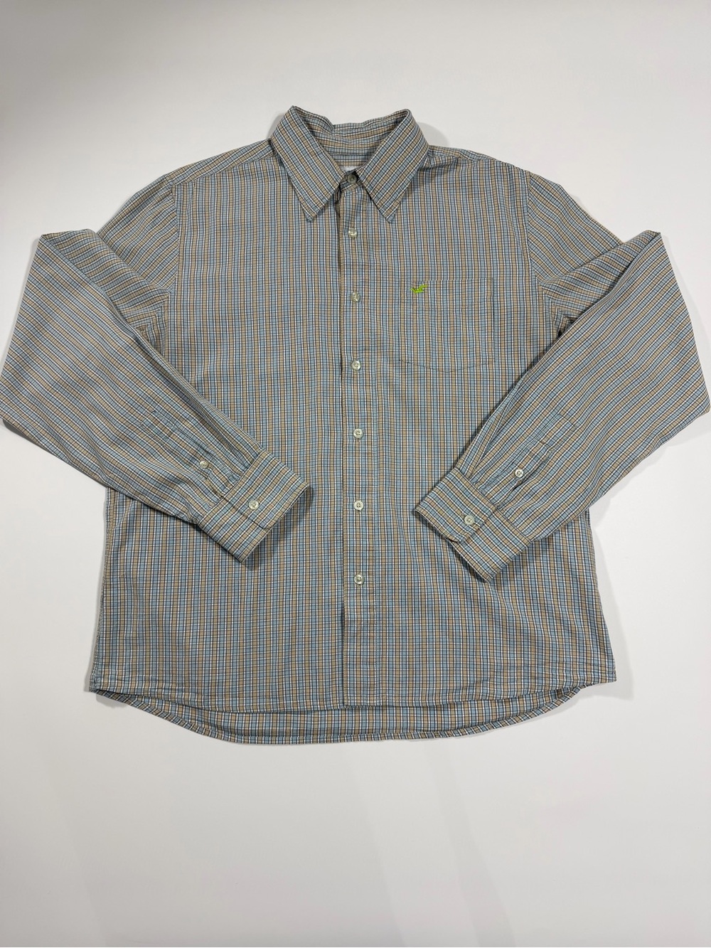 Vintage Y2K Hollister Mens XXL Blue Tan Plaid Button Up Shirt Seagull Logo